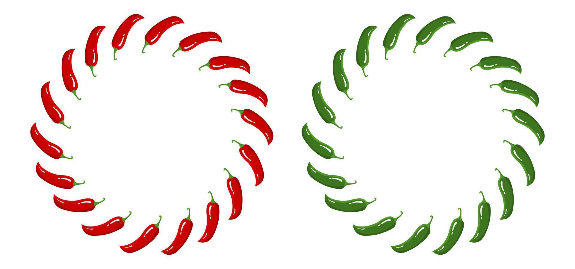 Red and Green Chilli Pepper Wreath. Fresh Vegetables isolated on white background. Circle Frame from Pepper for Market, Recipe Design. Cartoon Flat Style. Vector illustration for Your Design, Web.