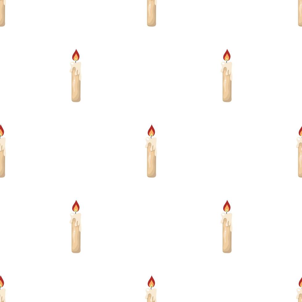 Seamless pattern with burning candle from paraffin wax on white background. Cartoon style. Vector illustration.