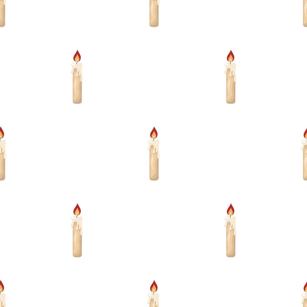 Seamless pattern with burning candle from paraffin wax on white background. Cartoon style. Vector illustration.