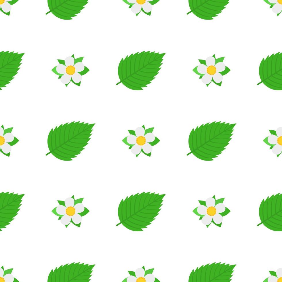 Seamless pattern with decorative strawberry flowers and leaves on white background. Vector illustration for any design.