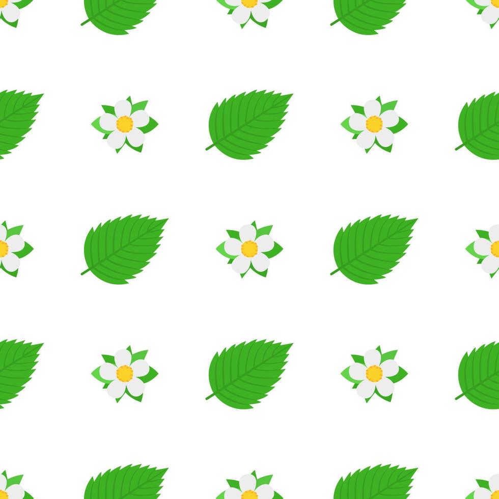 Seamless pattern with decorative strawberry flowers and leaves on white background. Vector illustration for any design.