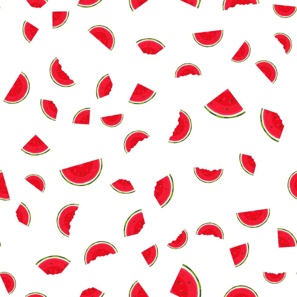 Seamless pattern with fresh cut slice watermelon fruit on white background. Summer fruits for healthy lifestyle. Organic fruit. Cartoon style. Vector illustration for any design.