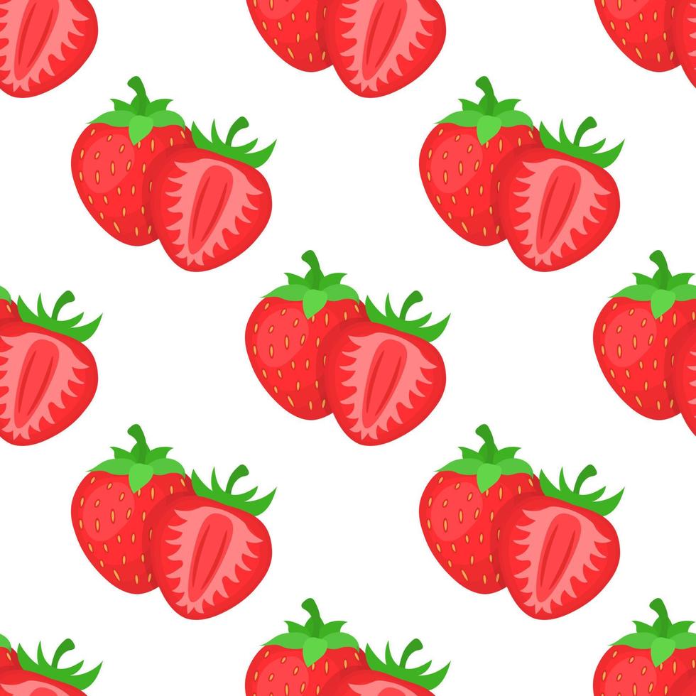 Seamless pattern with fresh bright exotic whole and half strawberries on white background. Summer fruits for healthy lifestyle. Organic fruit. Cartoon style. Vector illustration for any design.