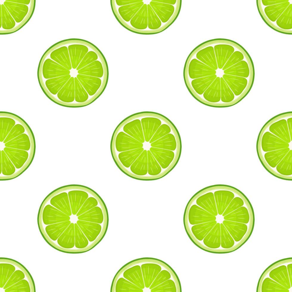 Seamless pattern with fresh bright exotic cut slice lime fruit on white background. Summer fruits for healthy lifestyle. Organic fruit. Cartoon style. Vector illustration for any design.