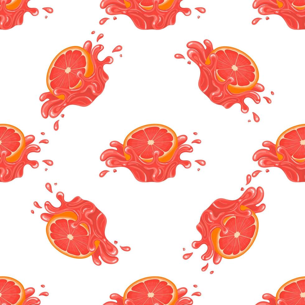 Seamless pattern with fresh bright grapefruit juice splash burst isolated on white background. Summer fruit juice. Cartoon style. Vector illustration for any design.