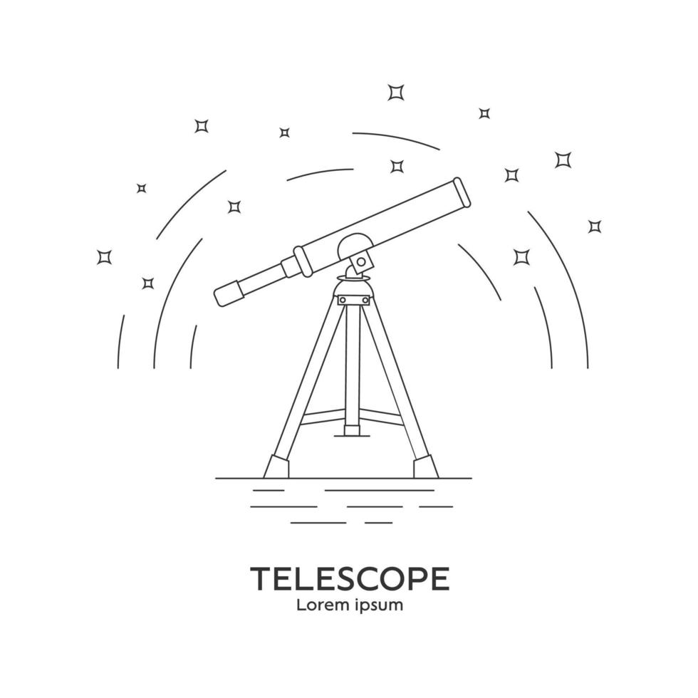 Line style icon of telescope. Telescope logo. Space exploration and adventure symbol. Concept of world explore. Clean and modern vector illustration for design, web.