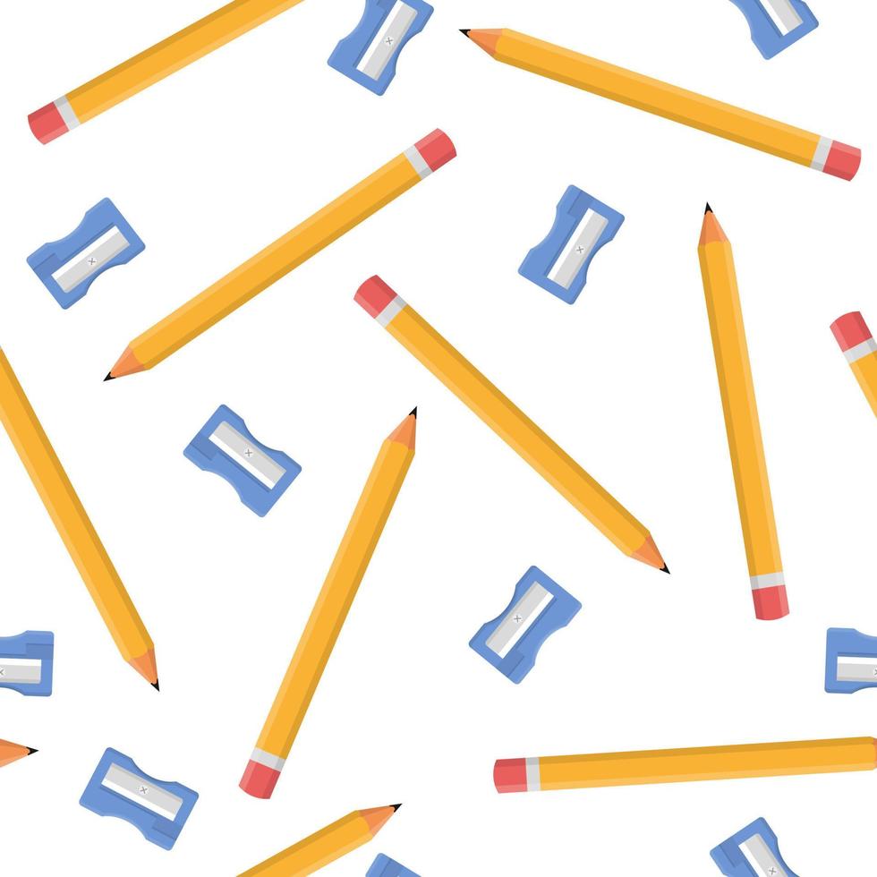 Seamless pattern with pencils and blue sharpeners isolated on white background. Cartoon style. Vector illustration for design, web, wrapping paper, fabric, wallpaper.