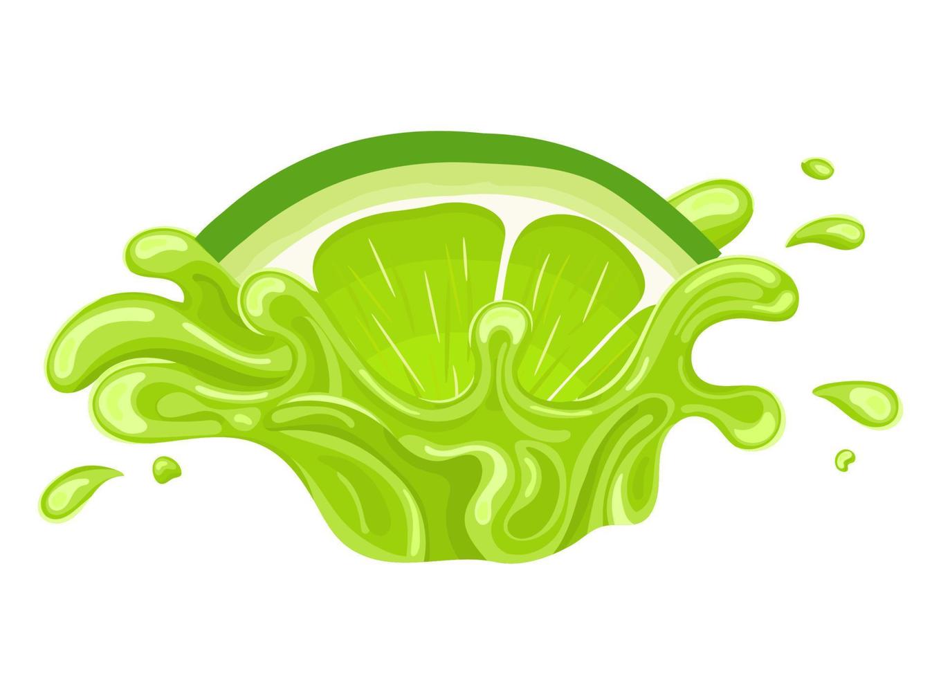 Fresh bright cut slice lime juice splash burst isolated on white background. Summer fruit juice. Cartoon style. Vector illustration for any design.