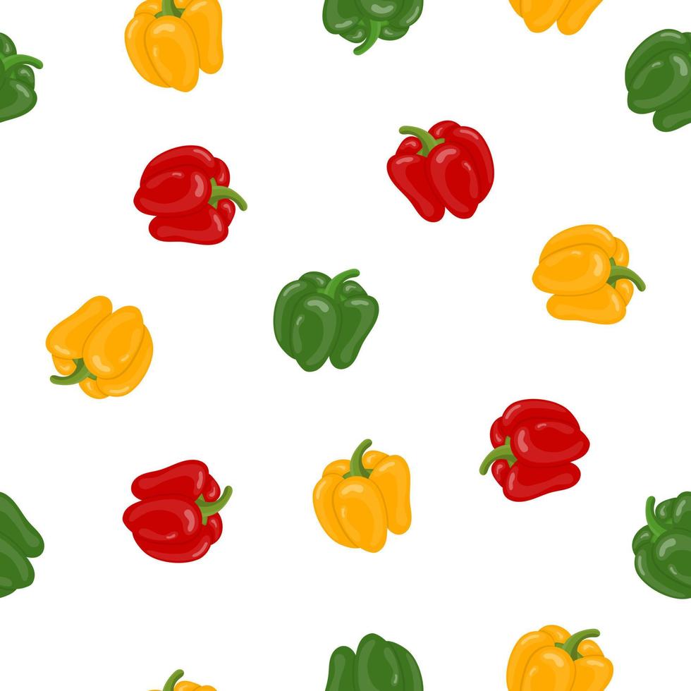 Seamless Pattern with Fresh Bell Pepper Vegetables on white background. Green, Yellow, Red Pepper. Cartoon Flat Style. Vector illustration for Your Design, Web, Wrapping Paper, Fabric, Wallpaper.