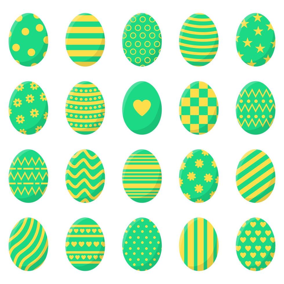 Set of Easter Eggs isolated on white background. Different Colorful Eggs with Stripes, Dots, Hearts and Patterns. Perfect For Greeting Cards, Invitations. Vector illustration in Flat Design.