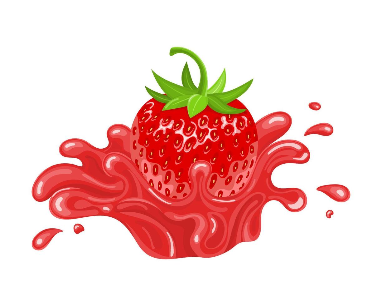 Red fresh cartoon strawberry with juice splash isolated on white background. Sweet food. Organic fruit. Vector illustration for any design