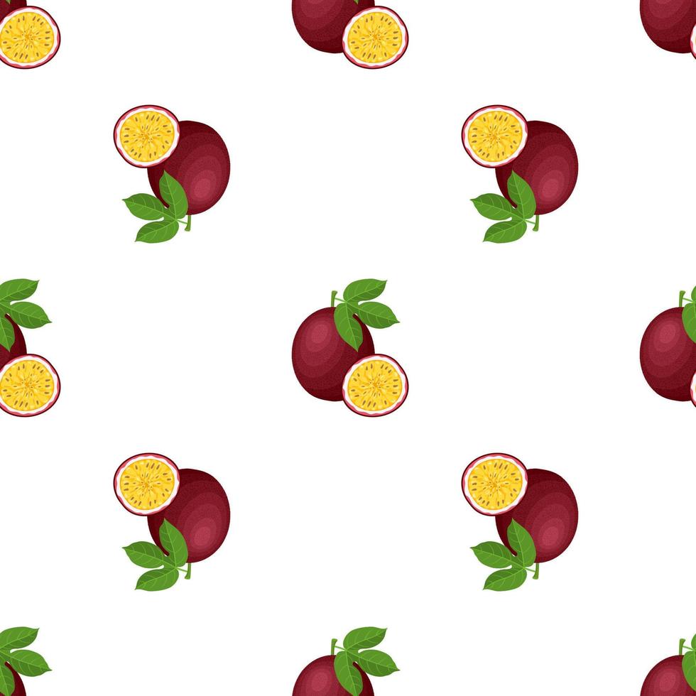 Seamless pattern with fresh bright exotic whole and cut slice passion fruit on white background. Summer fruits for healthy lifestyle. Organic fruit. Cartoon style. Vector illustration for any design.