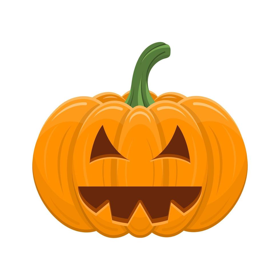 Halloween pumpkin isolated on white background. Cartoon orange pumpkin with smile, funny face. The main symbol of the Halloween, autumn holidays. Vector illustration for any design.