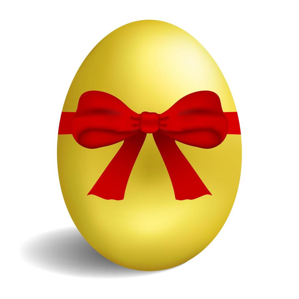 Realistic golden egg with red bow isolated on white background. Easter egg for greeting card. Vector illustration.