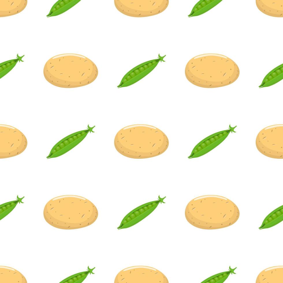 Seamless pattern with potato and green pea vegetables. Organic food. Cartoon style. Vector illustration for design, web, wrapping paper, fabric, wallpaper.