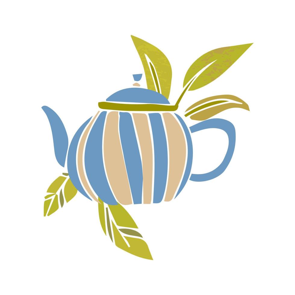 Teapot with leaves of tea, cute vector illustration