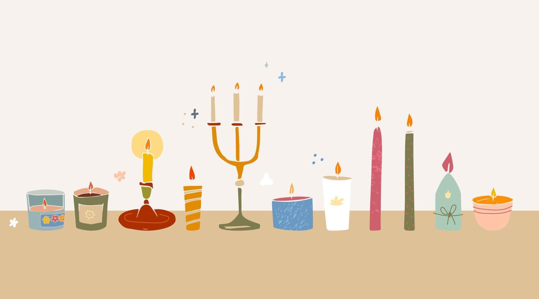 Candles cute vector illustration, set of isolated objects