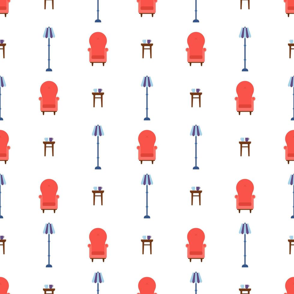 Seamless pattern with vintage cozy red armchair, chair and lamp. Interior of the living room. Vector illustration for design, web, wrapping paper, fabric, wallpaper