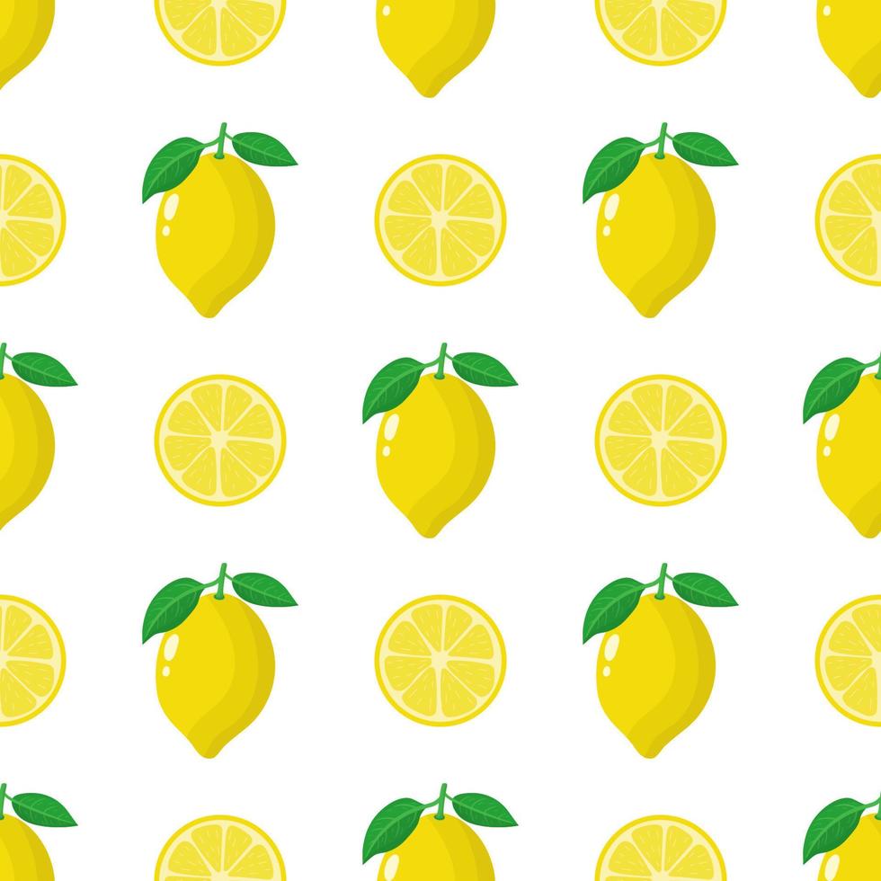 Seamless pattern with fresh whole, half lemon fruit on white background. Vector illustration for design, web, wrapping paper, fabric, wallpaper