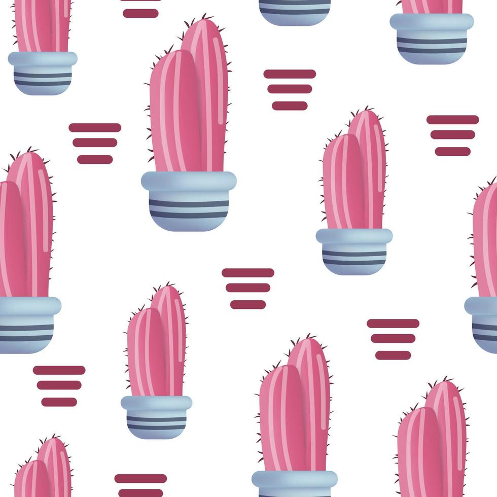 Vector seamless pattern with cactus and geometric figures. Cute pink cactus. Repeating hand drawn background.