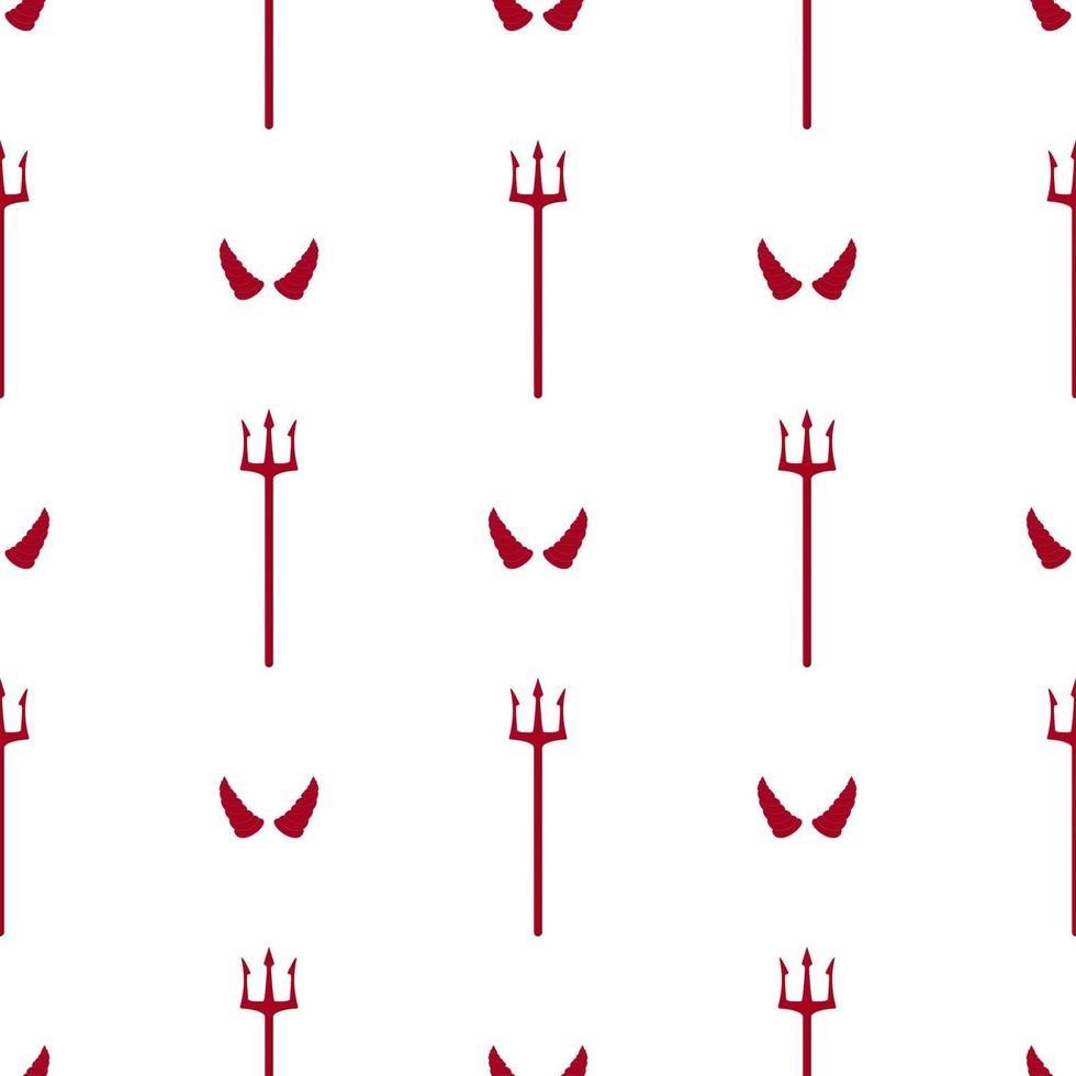 Seamless pattern with red devil tridents and horns on white background. Cartoon style. Vector illustration for design, web, wrapping paper, fabric, wallpaper.