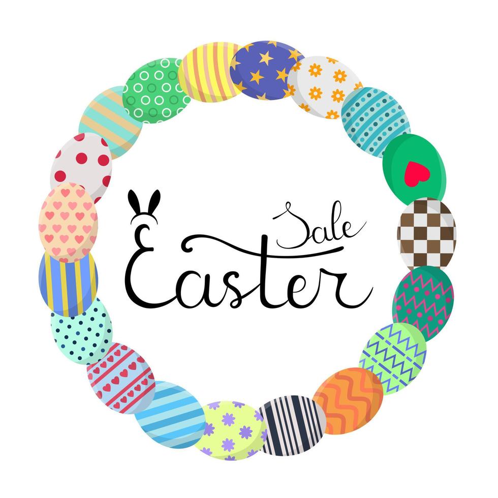 Calligraphy Lettering Easter Sale Inscription. Circle Frame with Colorful Eggs in Wreath Form. Discount, Flyer, Brochure. Vector illustration for Your Design, Web, Print.