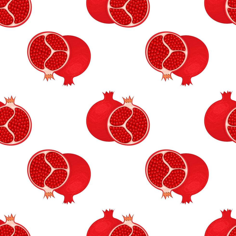 Seamless pattern with fresh bright exotic whole and half pomegranate with leaves on white background. Summer fruits for healthy lifestyle. Organic fruit. Vector illustration for any design.