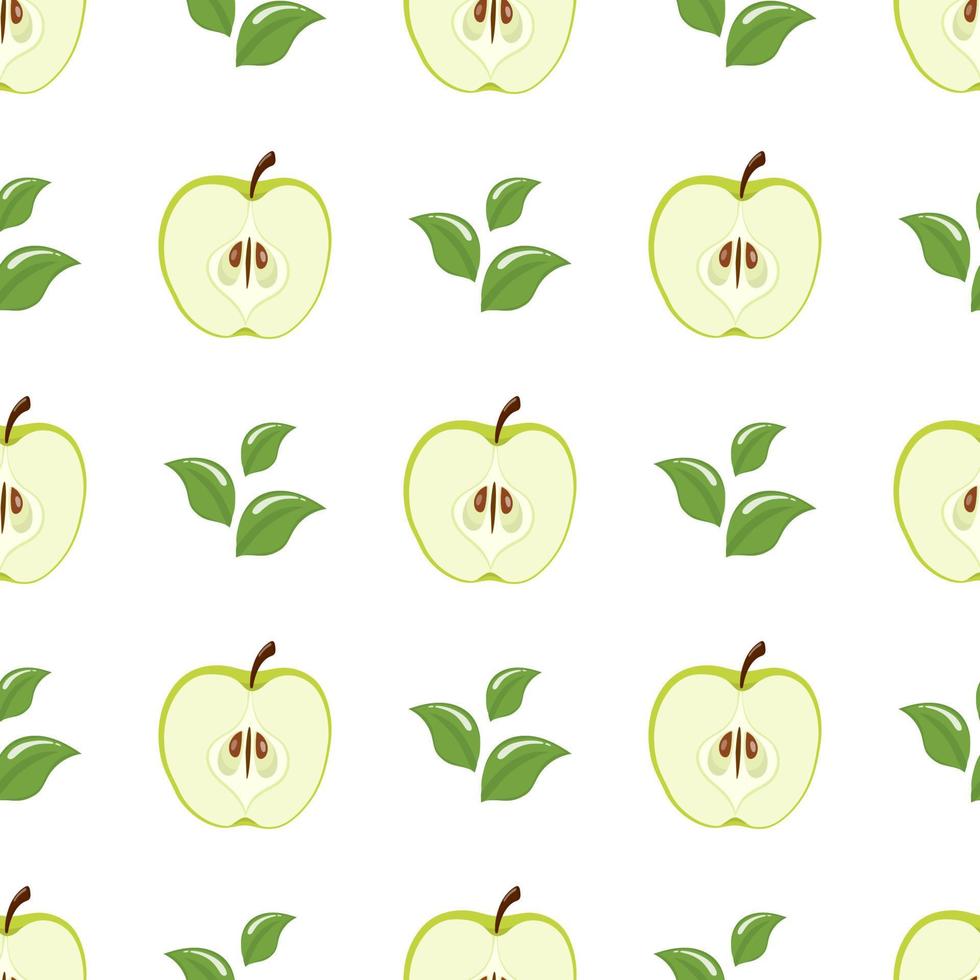 Seamless pattern with green half apples and leaves on white background. Organic fruit. Cartoon style. Vector illustration for design, web, wrapping paper, fabric, wallpaper.