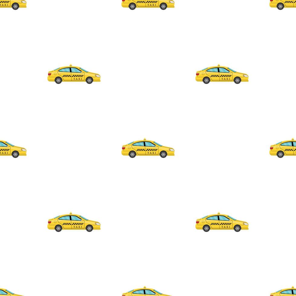 Seamless pattern with car taxi in cartoon style. View from side. Taxi yellow car cab on white background. Vector illustration for design, web, wrapping paper, fabric, wallpaper.