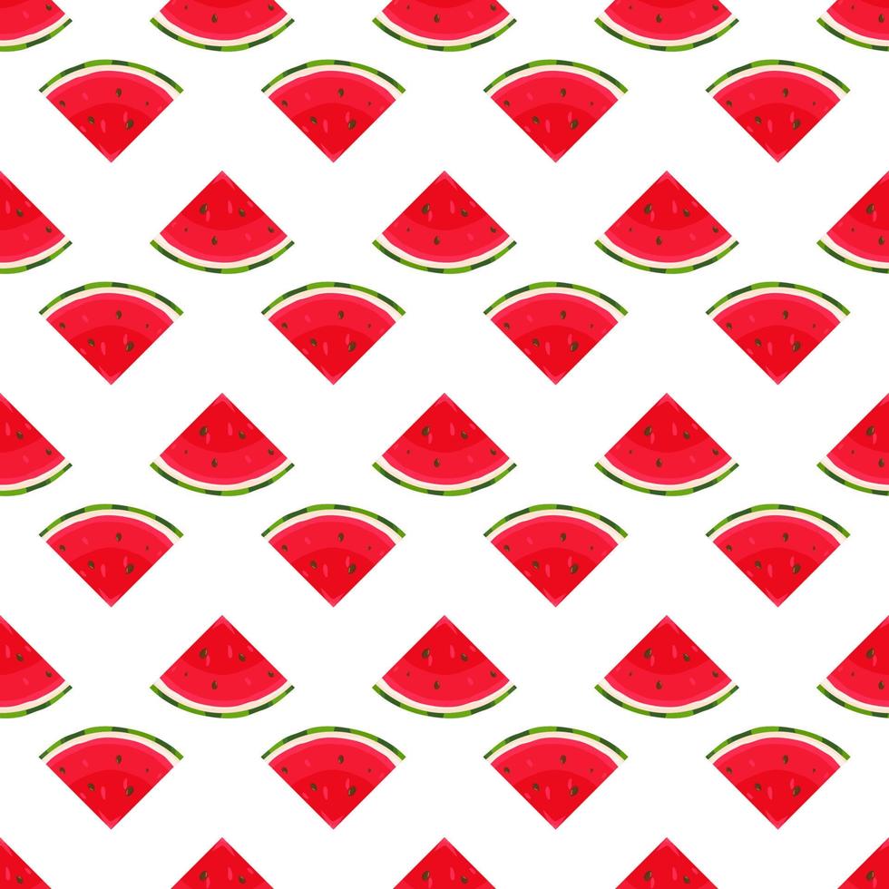 Seamless pattern with fresh cut slice watermelon fruit on white background. Summer fruits for healthy lifestyle. Organic fruit. Cartoon style. Vector illustration for any design.