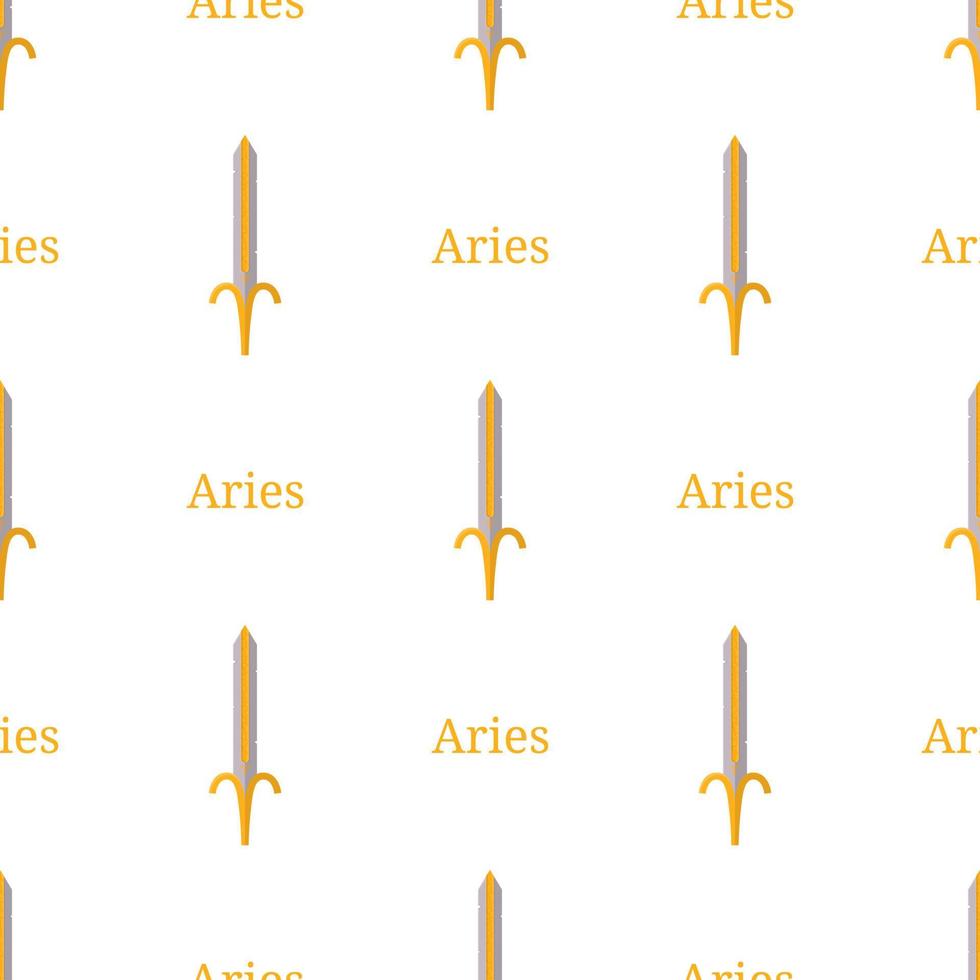 Seamless pattern with Aries zodiac sword sign. Cartoon zodiacal weapon. Astrological, horoscope sign. Vector illustration for design, web, wrapping paper, fabric, wallpaper.