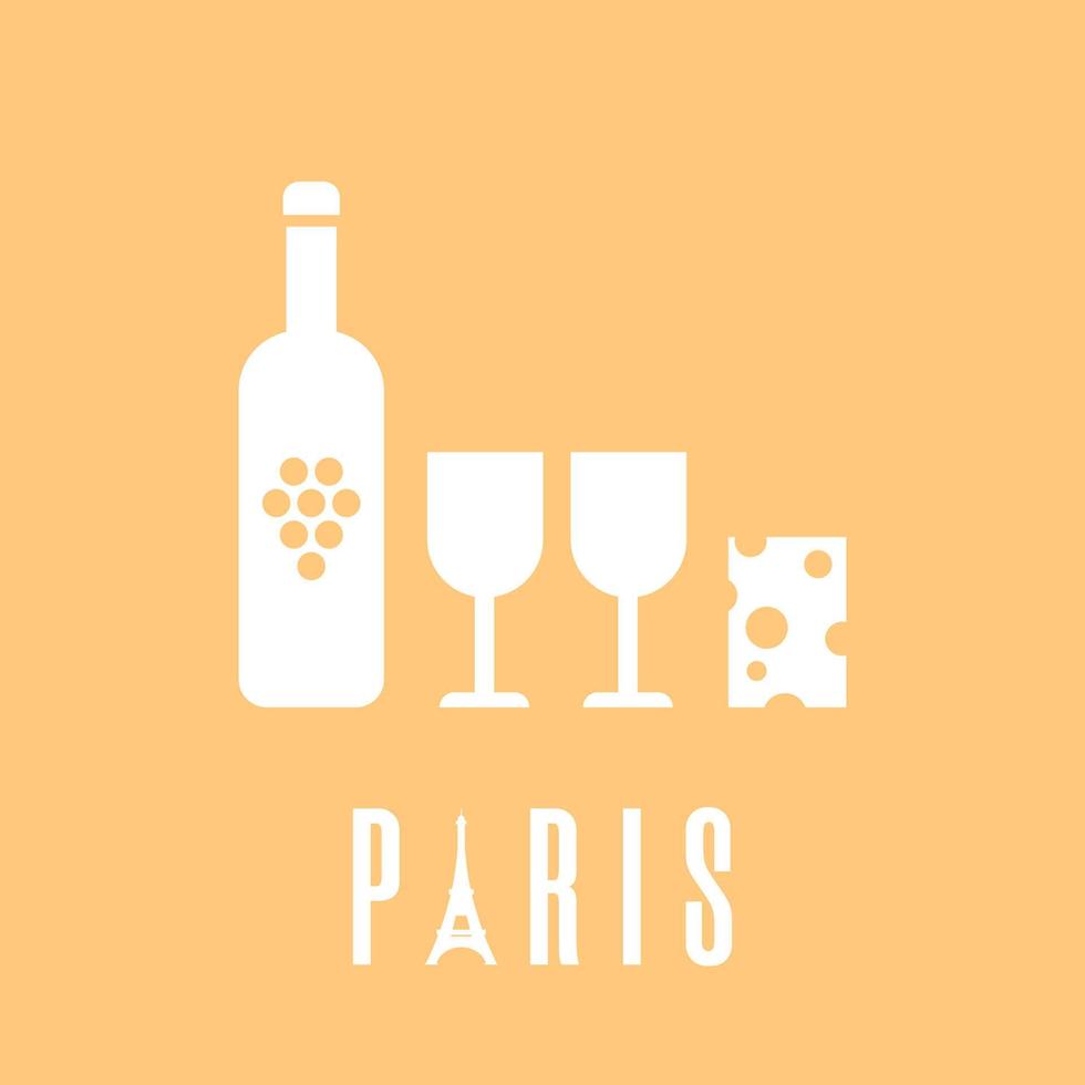 Silhouette icons of wine and cheese. Paris logo. Clean and modern