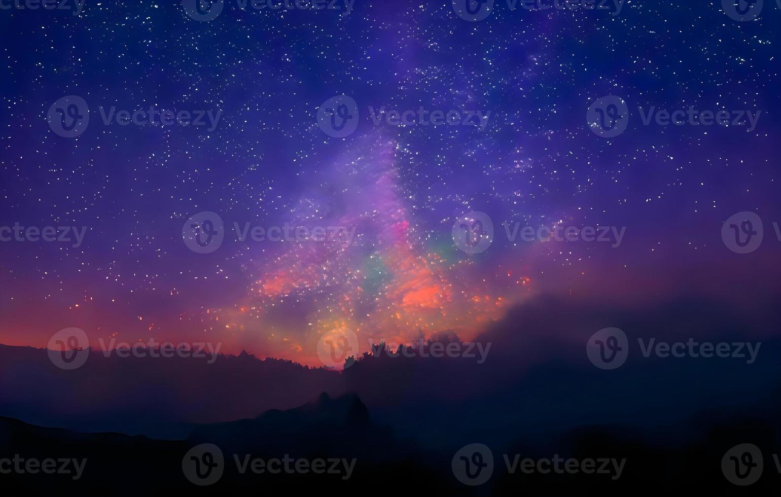 Night landscape with colorful Milky Way and mountains. Starry sky with hills at summer. Beautiful Universe. Space background photo