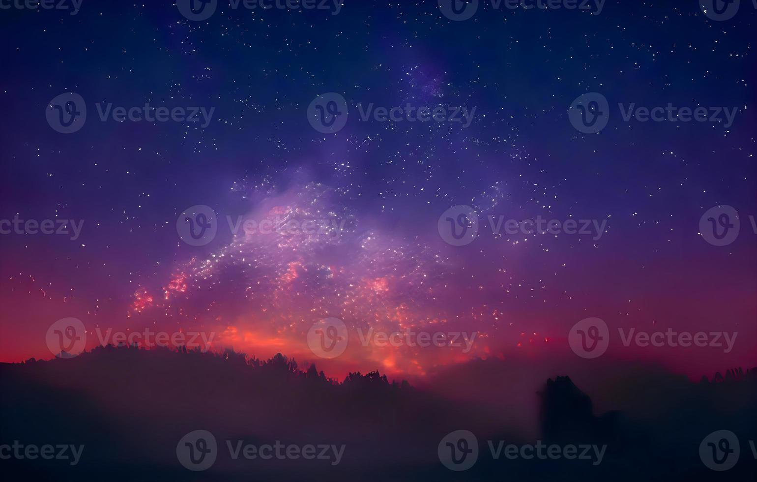 Milky Way and pink light at mountains. Night colorful landscape. Starry sky with hills at summer. Beautiful Universe. Space background with galaxy. Travel background photo