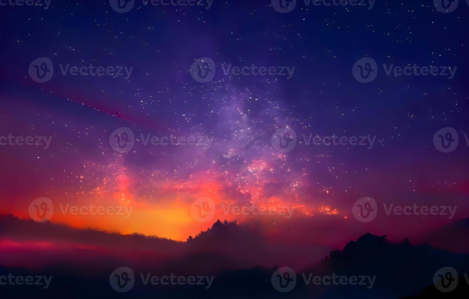 Milky Way and pink light at mountains. Night colorful landscape. Starry sky with hills at summer. Beautiful Universe. Space background with galaxy. Travel background photo