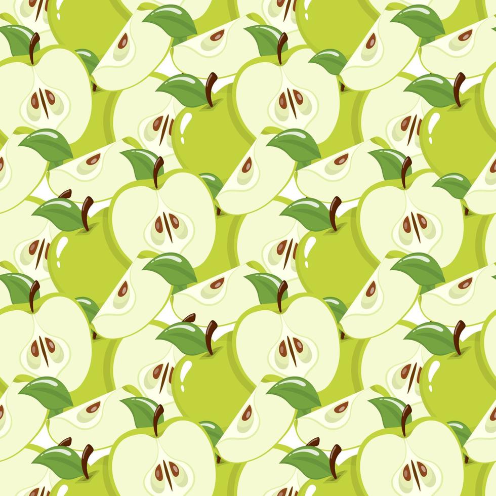 Seamless pattern with green apples on white background. Organic fruit. Cartoon style. Vector illustration for design, web, wrapping paper, fabric, wallpaper.