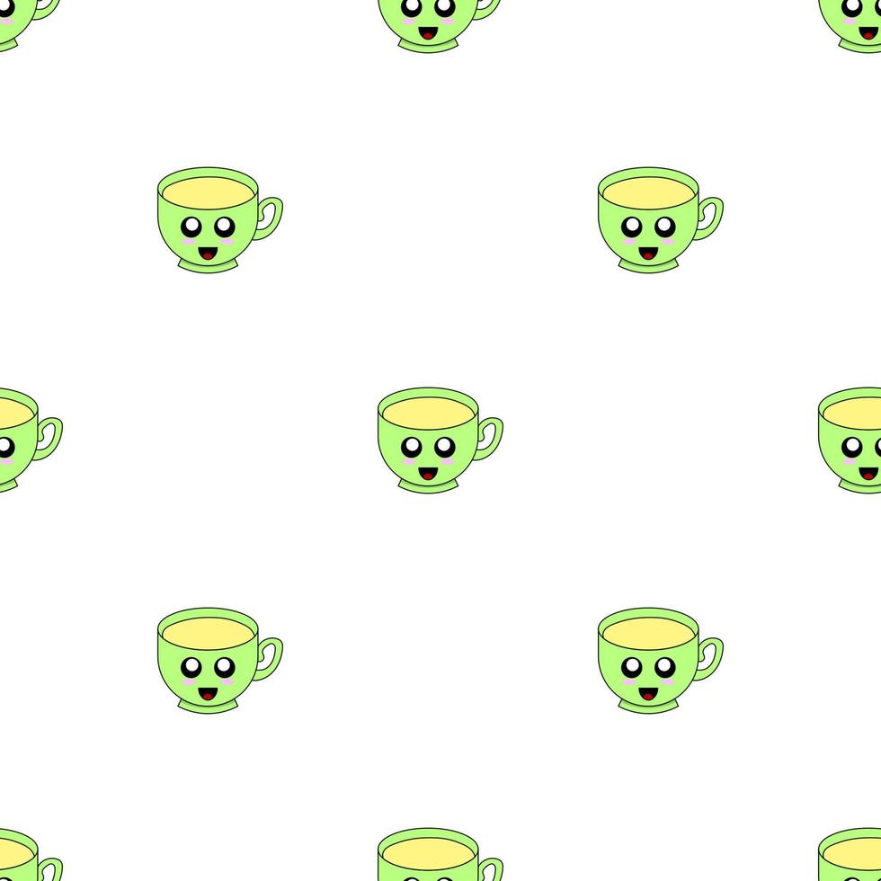 Seamless pattern with cup emoticons on white background. Kawaii doodle cups character with cute anime expressions. Vector illustration.