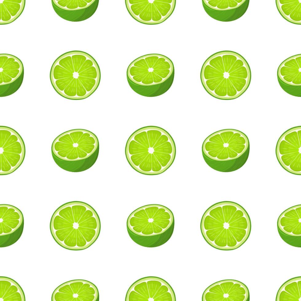 Seamless pattern with fresh bright exotic half and cut slice lime fruit on white background. Summer fruits for healthy lifestyle. Organic fruit. Cartoon style. Vector illustration for any design.