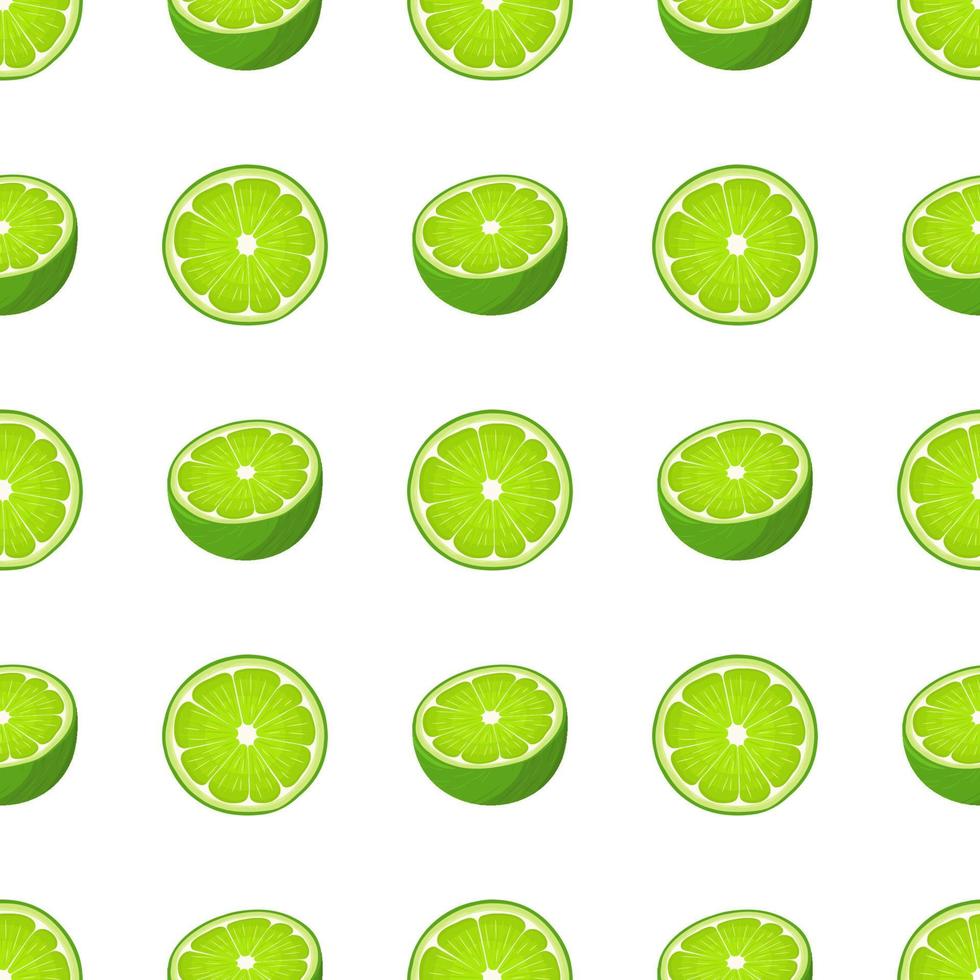 Seamless pattern with fresh bright exotic half and cut slice lime fruit on white background. Summer fruits for healthy lifestyle. Organic fruit. Cartoon style. Vector illustration for any design.