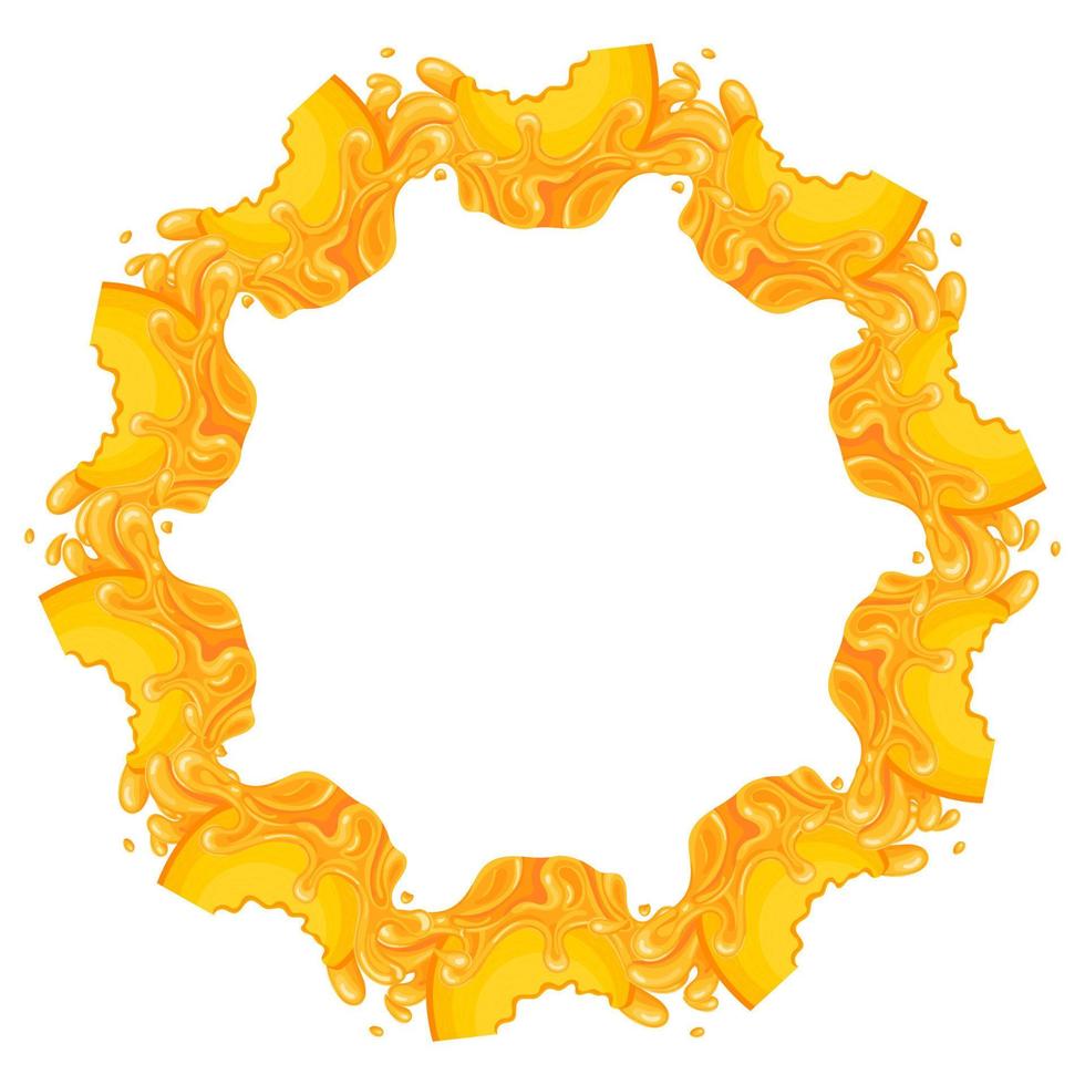Wreath from bright peach fruit juice splash with space for text. Cartoon organic sweet food. Summer fruits for healthy lifestyle. Vector illustration for any design.