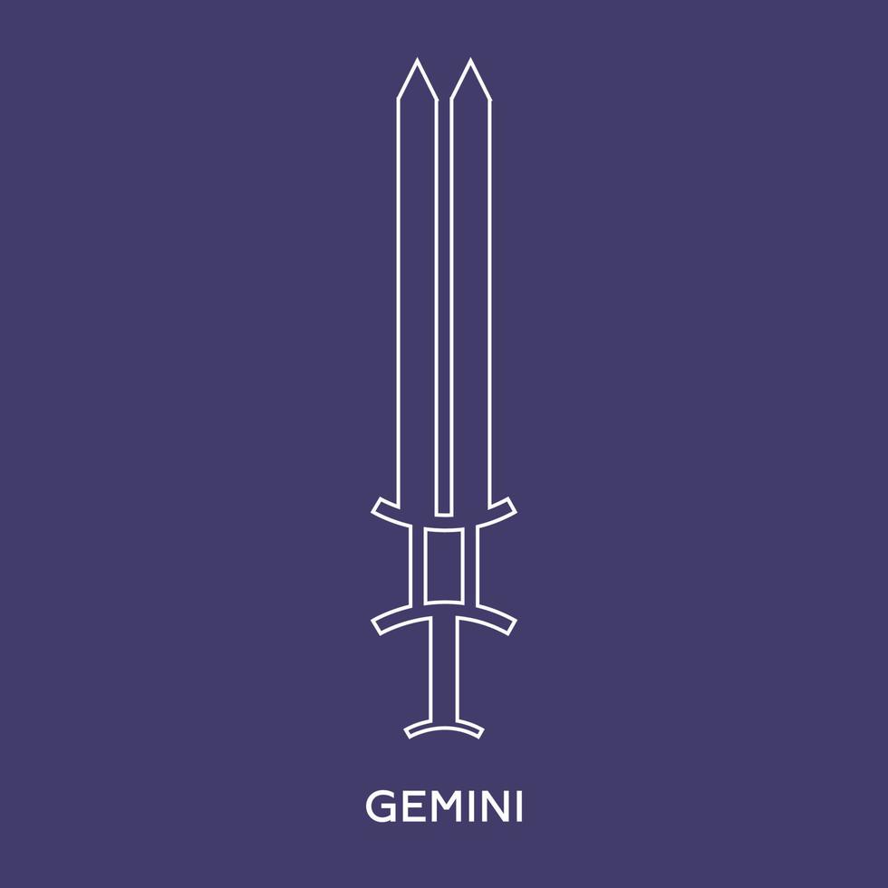 signo del zodiaco géminis. icono de estilo de línea de espada de arma zodiacal. una de las 12 armas del zodiaco. signo astrológico, horóscopo. ilustración vectorial limpia y moderna para diseño, web. vector