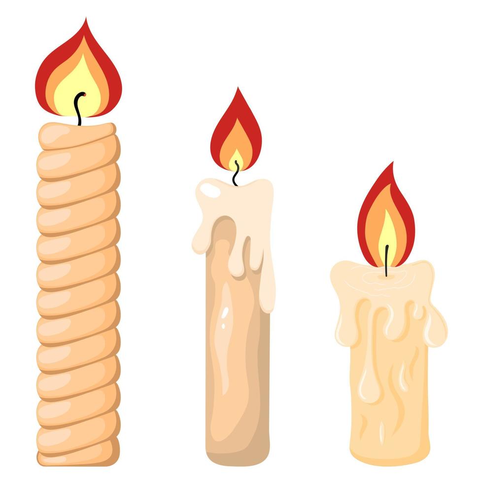 colección de velas encendidas de cera de parafina para su diseño. ilustración vectorial aislado sobre fondo blanco. estilo de dibujos animados elementos de vacaciones. vector