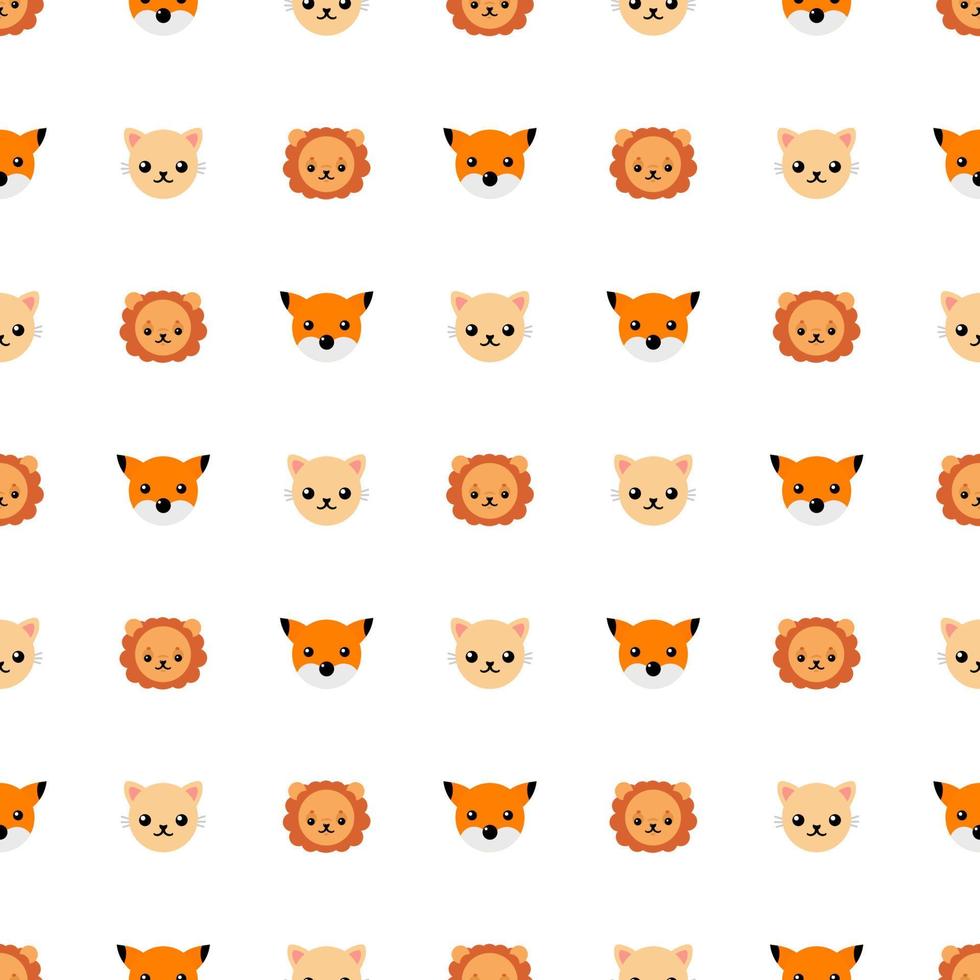 Seamless pattern with cute cat, lion and fox. Vector illustration for design, web, wrapping paper, fabric, wallpaper.
