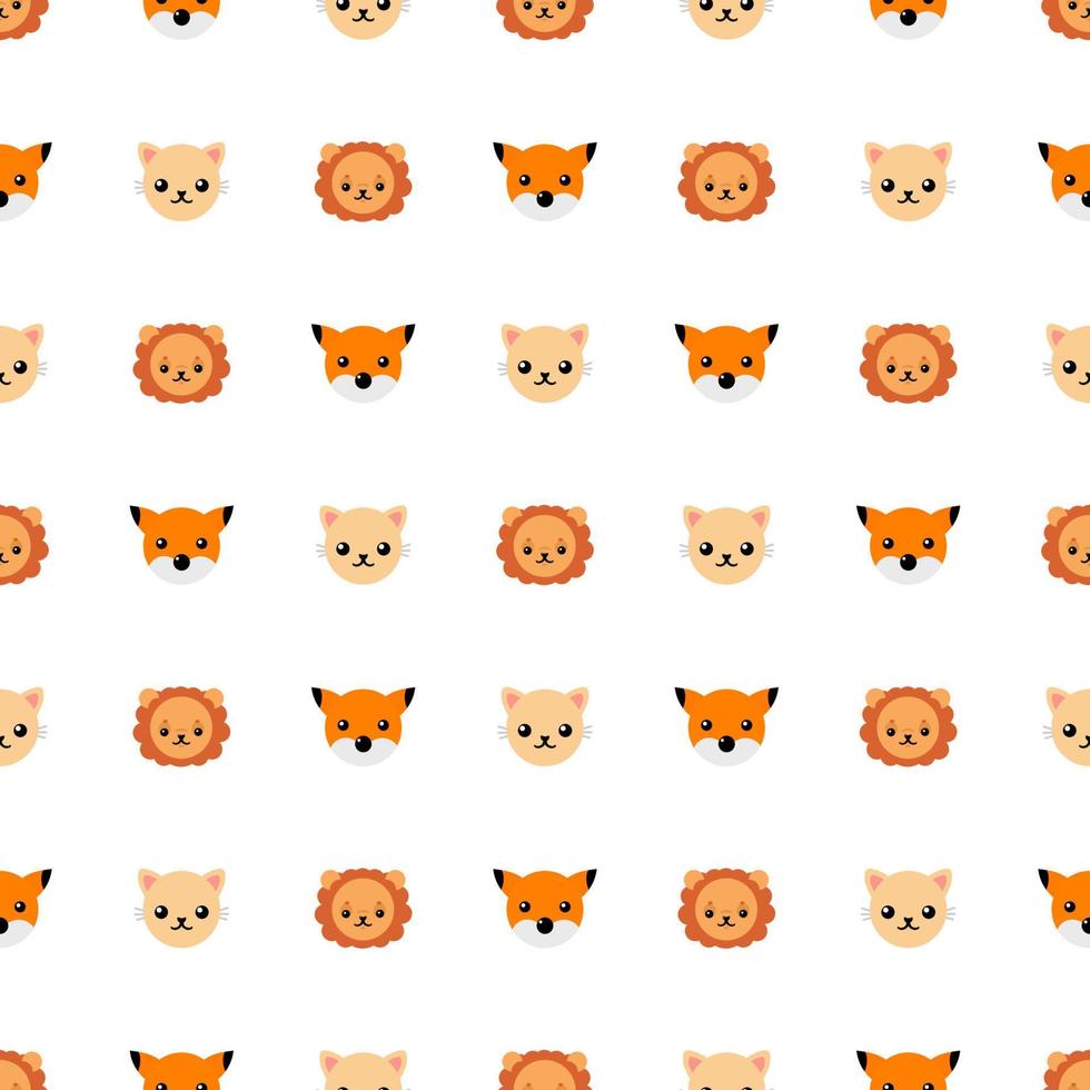 Seamless pattern with cute cat, lion and fox. Vector illustration for design, web, wrapping paper, fabric, wallpaper.