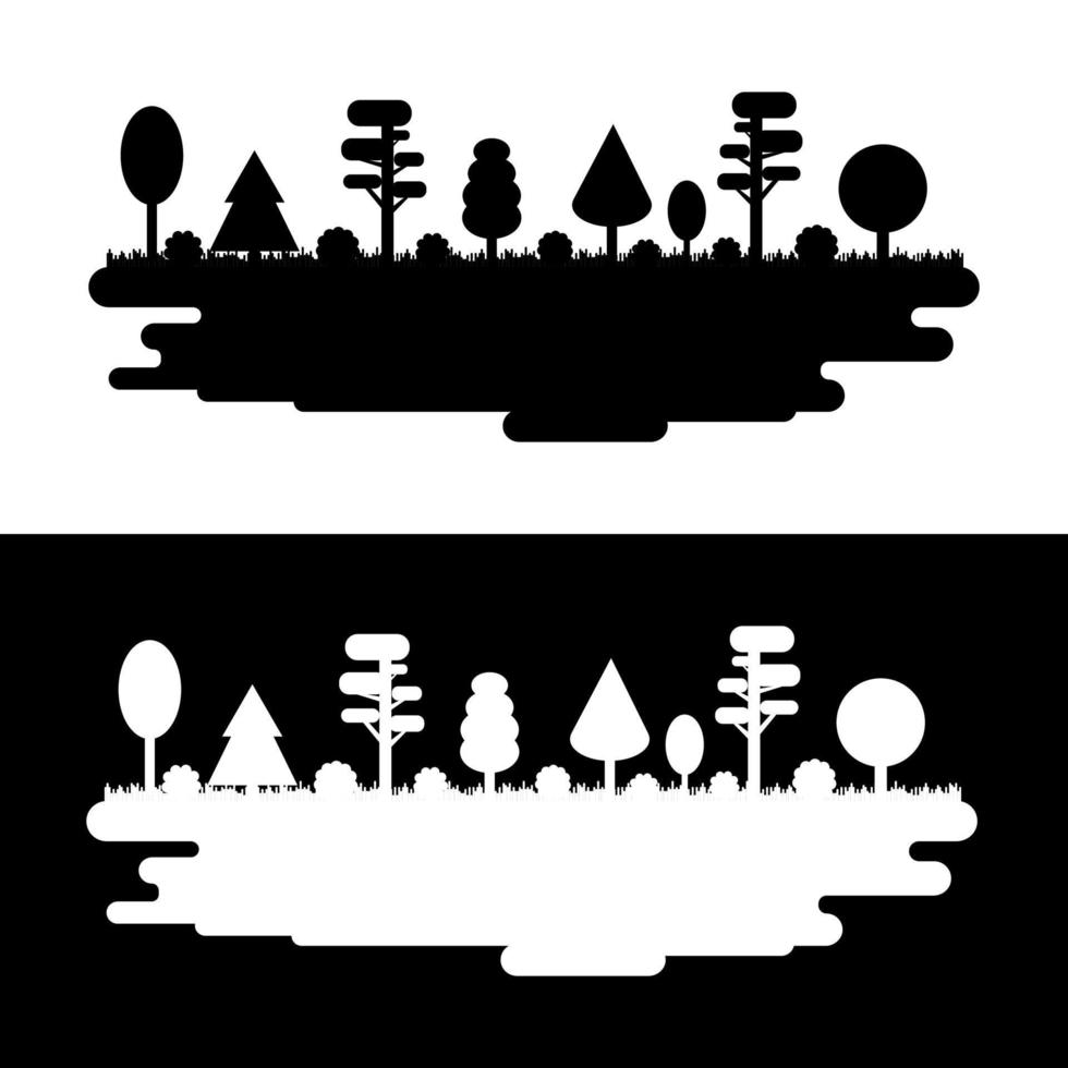 Forest, Park, Alley with Different Trees. Black and White Silhouette Panorama. Dark and Light. Vector illustration isolated on white background.