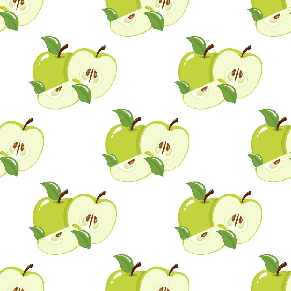 Seamless pattern with green apples on white background. Organic fruit. Cartoon style. Vector illustration for design, web, wrapping paper, fabric, wallpaper.