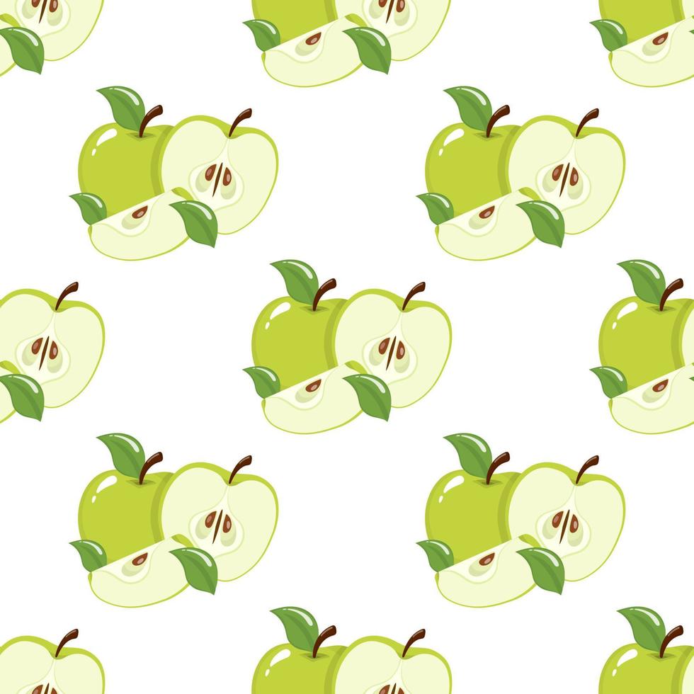 patrón sin costuras con manzanas verdes sobre fondo blanco. fruta organica estilo de dibujos animados ilustración vectorial para diseño, web, papel de envolver, tela, papel tapiz. vector