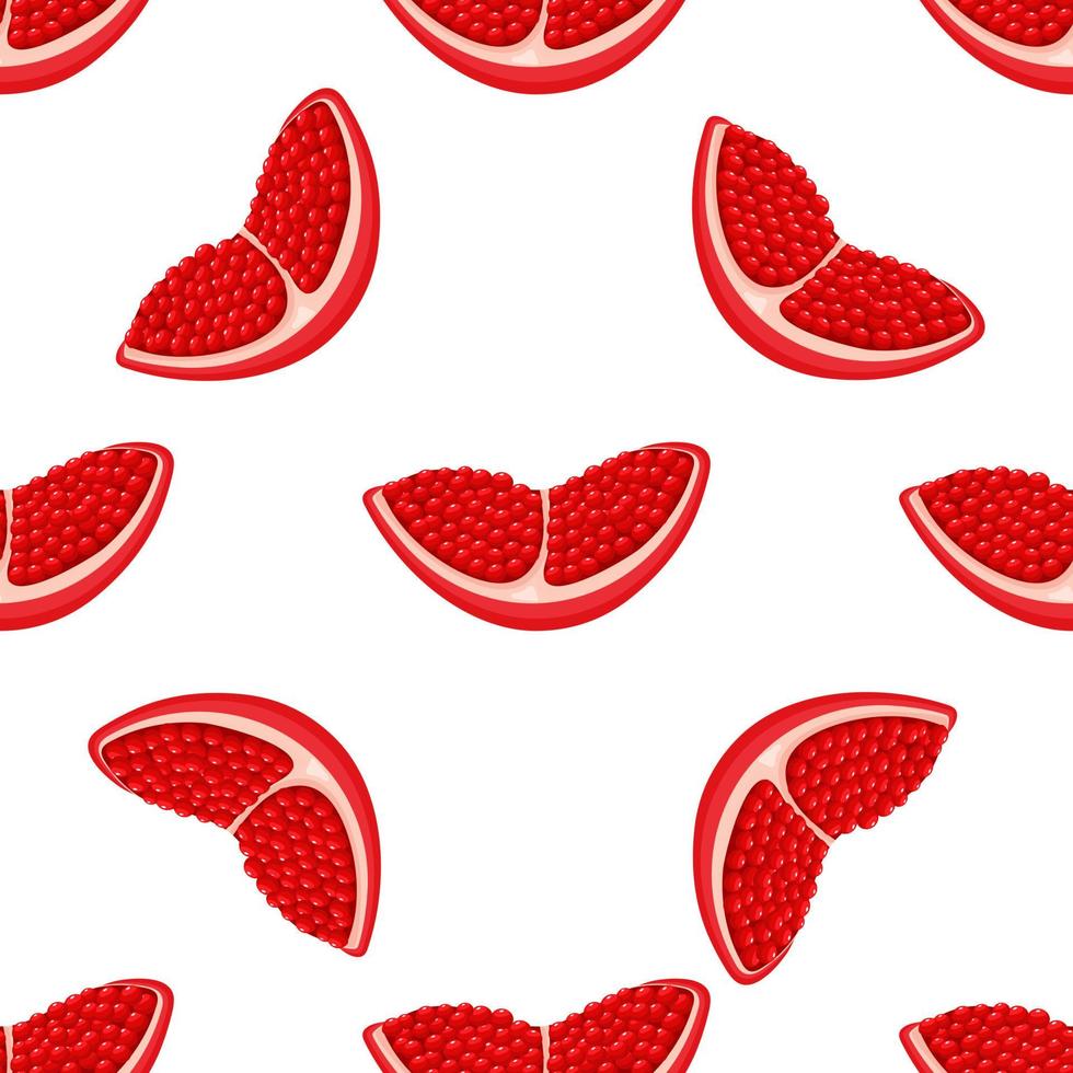 Seamless pattern with fresh bright exotic chunk pomegranate with leaves on white background. Summer fruits for healthy lifestyle. Organic fruit. Vector illustration for any design.