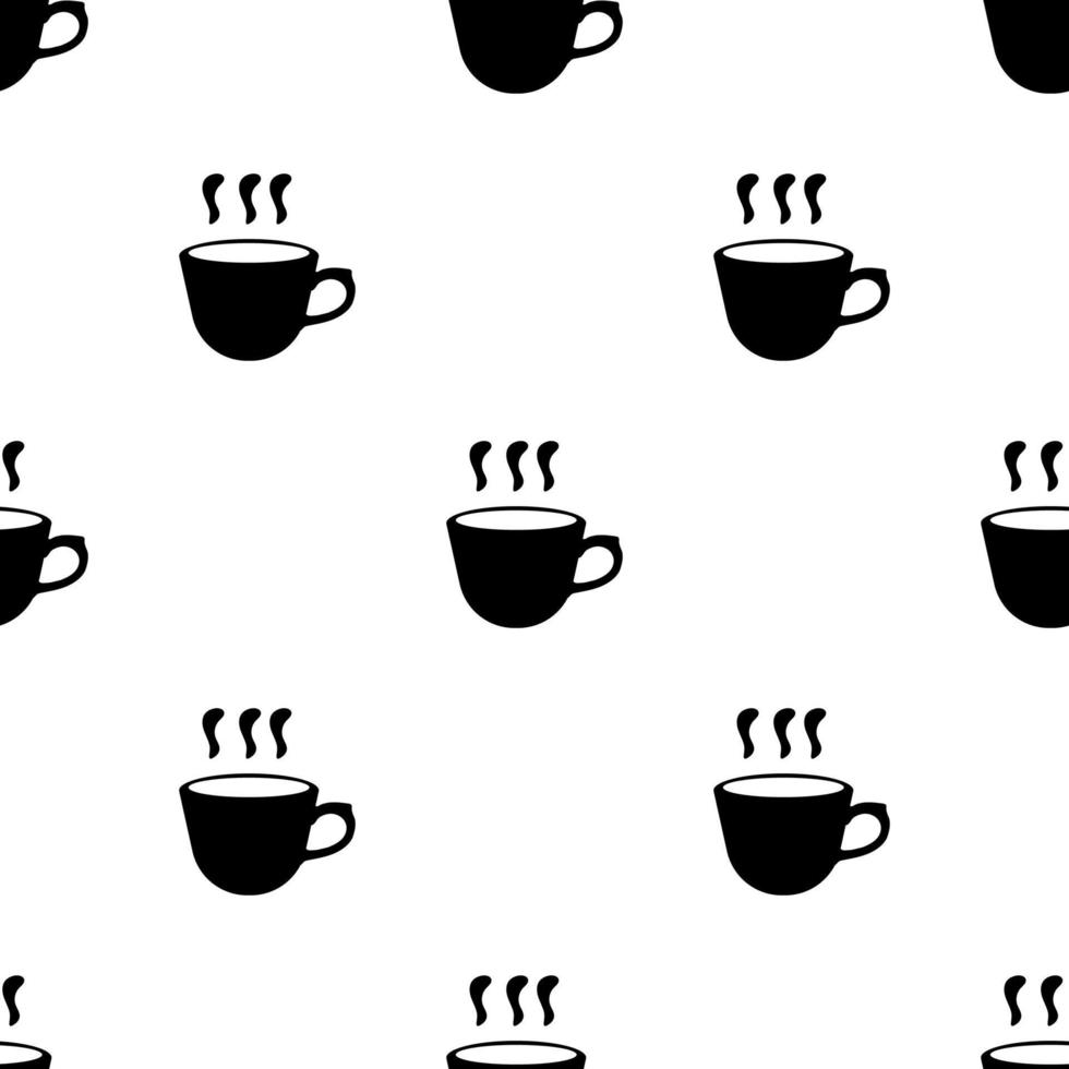 Seamless pattern with black silhouette of coffee or tea cup on white background. Simple icon. Vector illustration for design, web, wrapping paper, fabric