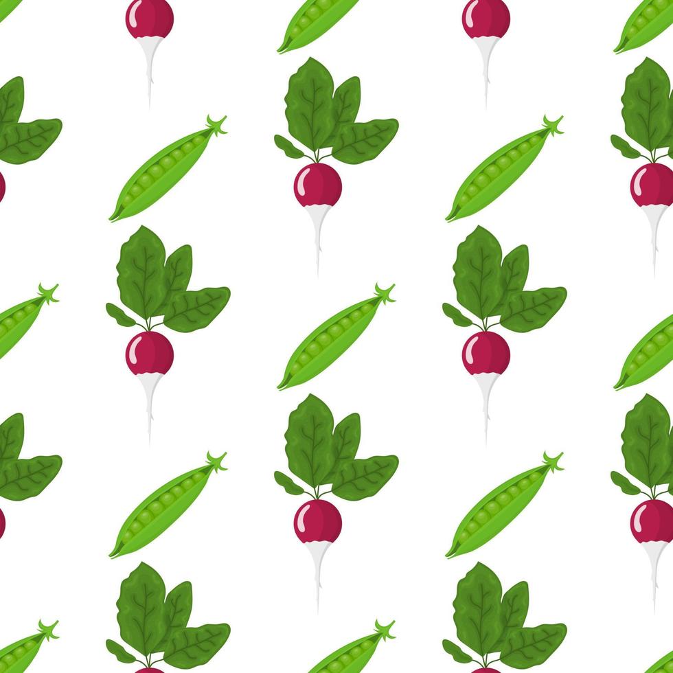 Seamless pattern with fresh pea and radish vegetables. Organic food. Cartoon style. Vector illustration for design, web, wrapping paper, fabric, wallpaper.